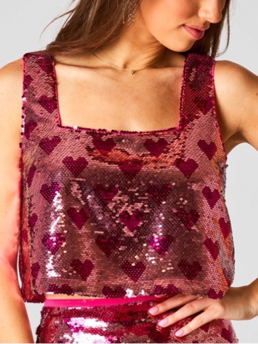 Buddy Love Pink Sequin Heart Square-Neck crop Tank